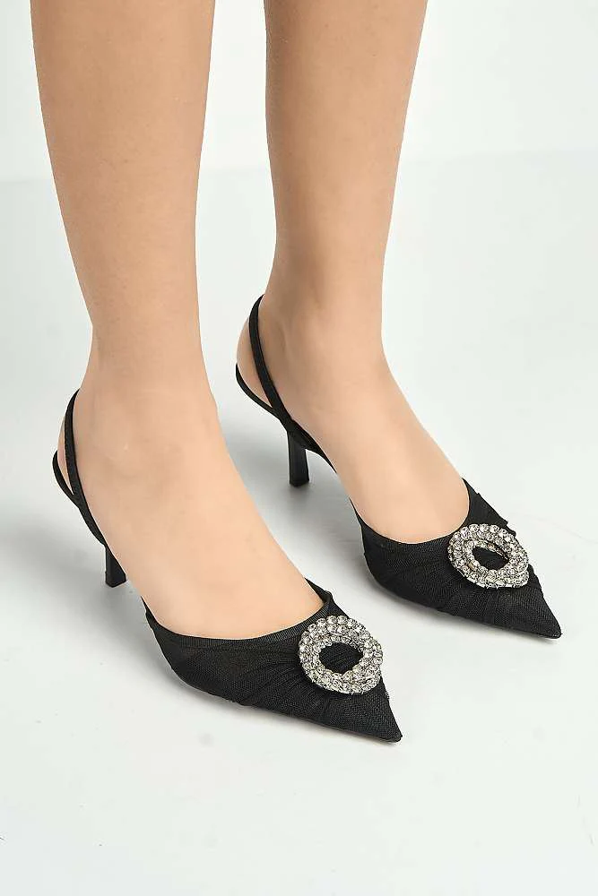 Rosetta Diamante Brooch Mesh Pointed Toe Court Slingback Heels in Black