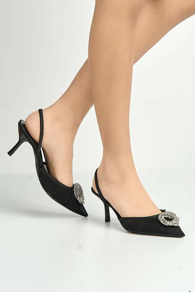 Rosetta Diamante Brooch Mesh Pointed Toe Court Slingback Heels in Black - Image 2