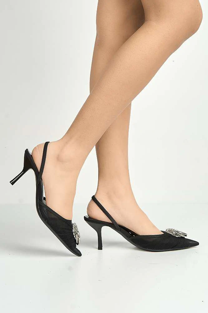 Rosetta Diamante Brooch Mesh Pointed Toe Court Slingback Heels in Black - Image 3