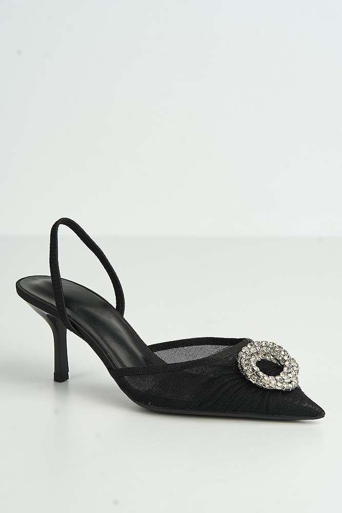 Rosetta Diamante Brooch Mesh Pointed Toe Court Slingback Heels in Black - Image 4