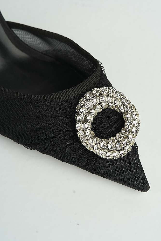 Rosetta Diamante Brooch Mesh Pointed Toe Court Slingback Heels in Black - Image 5