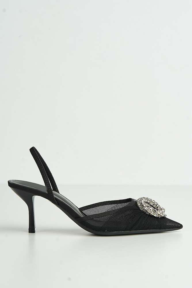 Rosetta Diamante Brooch Mesh Pointed Toe Court Slingback Heels in Black - Image 6