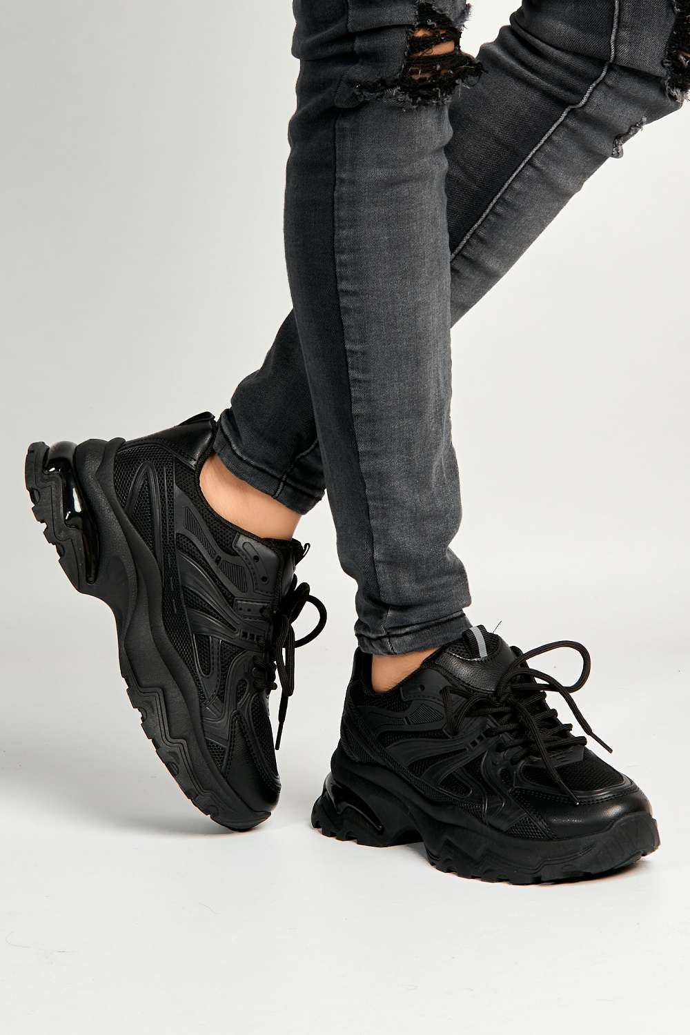 Rox Chunky Lace-Up Trainers in Black - Image 3