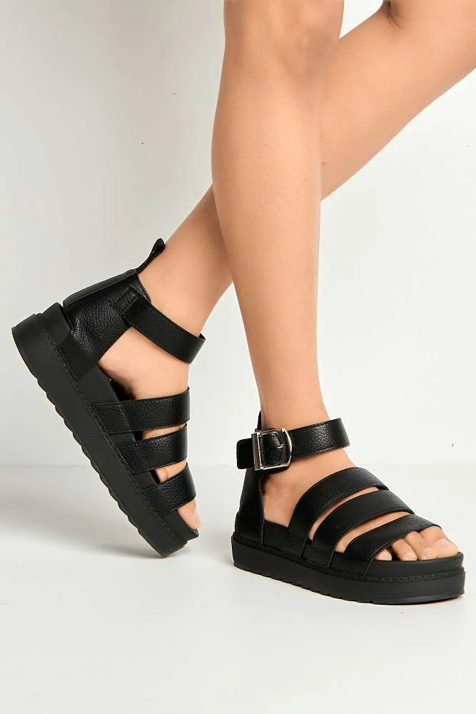 Roxi 3-Strap Gladiator Style Flatforms in Black - Image 2