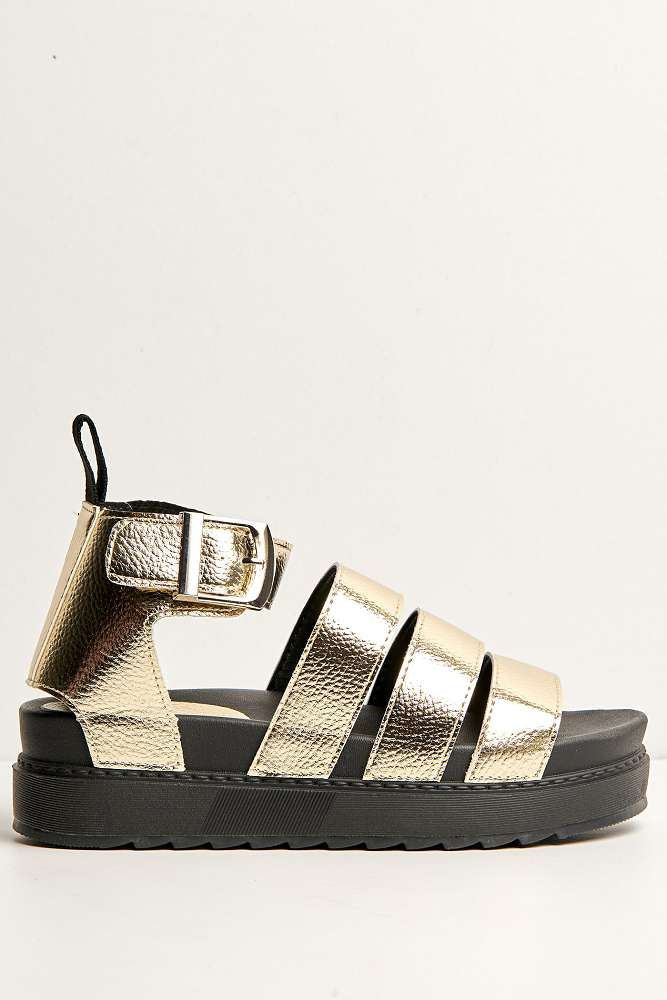 Roxi 3-Strap Gladiator Style Flatforms in Gold - Image 4