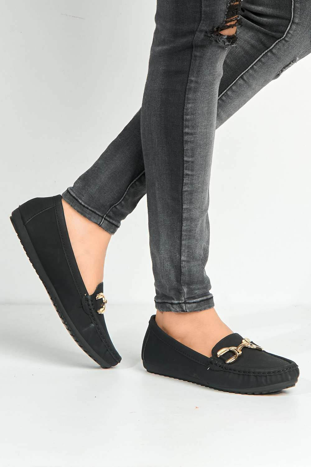 Ruby Square Toe Loafers with Metal Link Detail in Black - Image 2