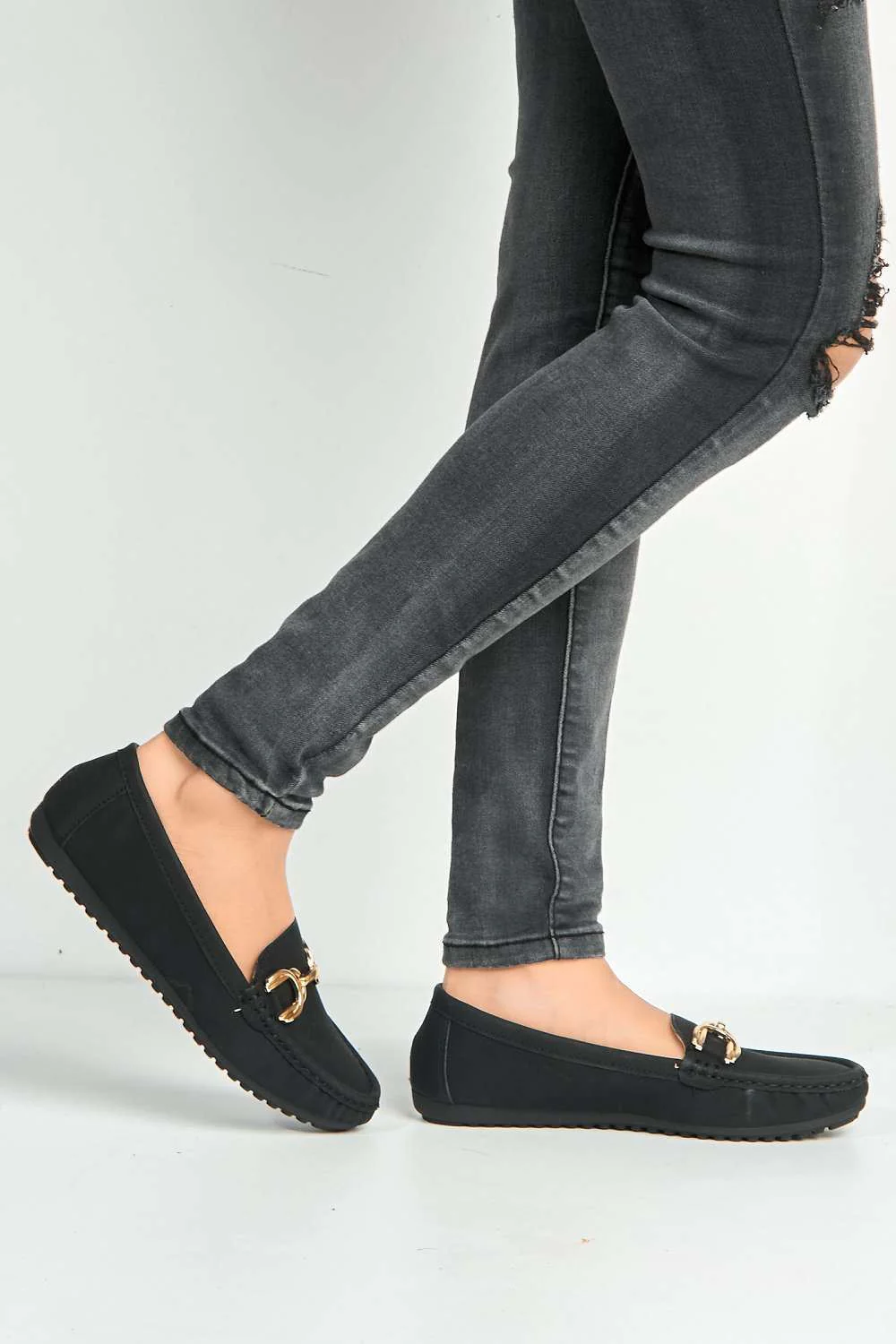 Ruby Square Toe Loafers with Metal Link Detail in Black - Image 3