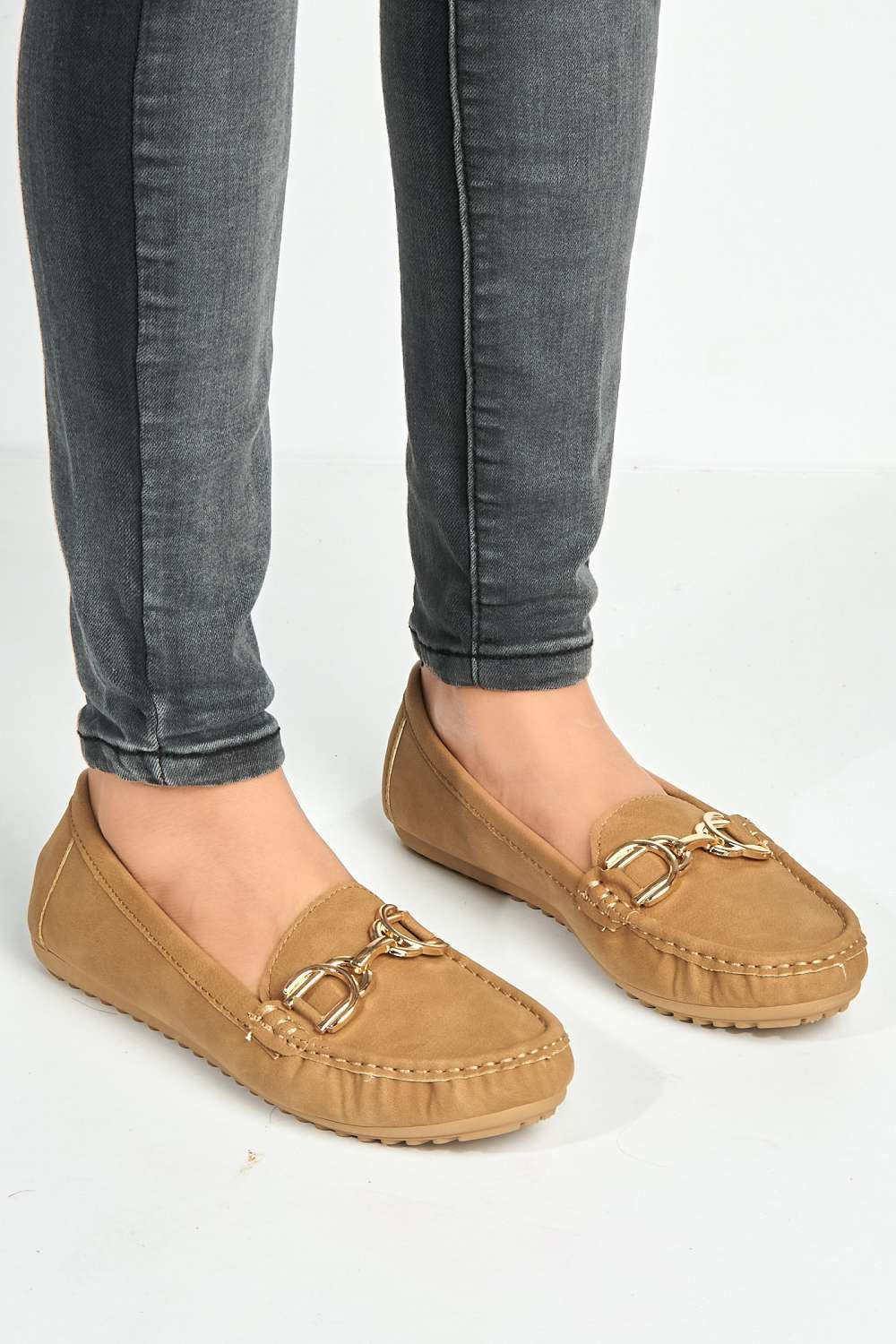 Ruby Square Toe Loafers with Metal Link Detail in Nude