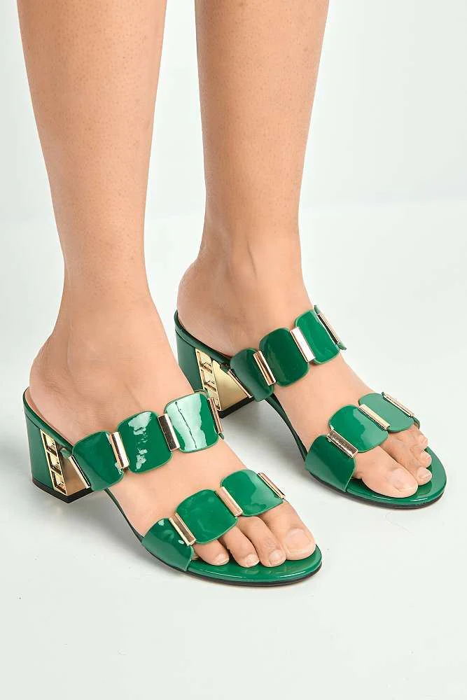 Rue Stud Detailed Strap Block Heeled Mules in Green - Image 2