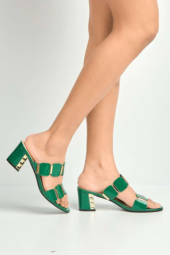 Rue Stud Detailed Strap Block Heeled Mules in Green - Image 3