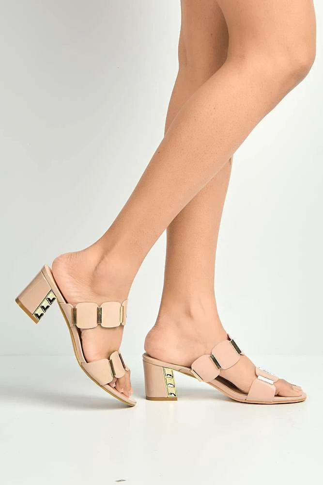 Rue Stud Detailed Strap Block Heeled Mules in Nude - Image 3
