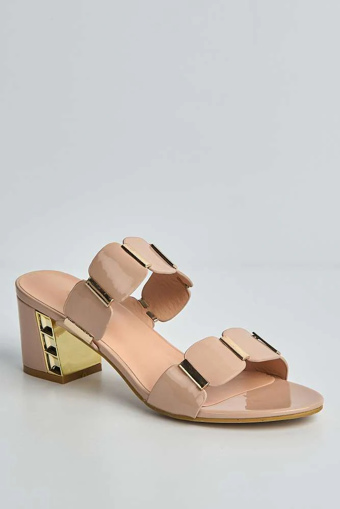 Rue Stud Detailed Strap Block Heeled Mules in Nude - Image 4