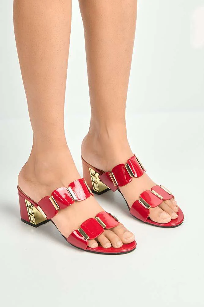 Rue Stud Detailed Strap Block Heeled Mules in Red - Image 2