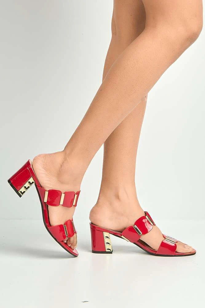 Rue Stud Detailed Strap Block Heeled Mules in Red - Image 3