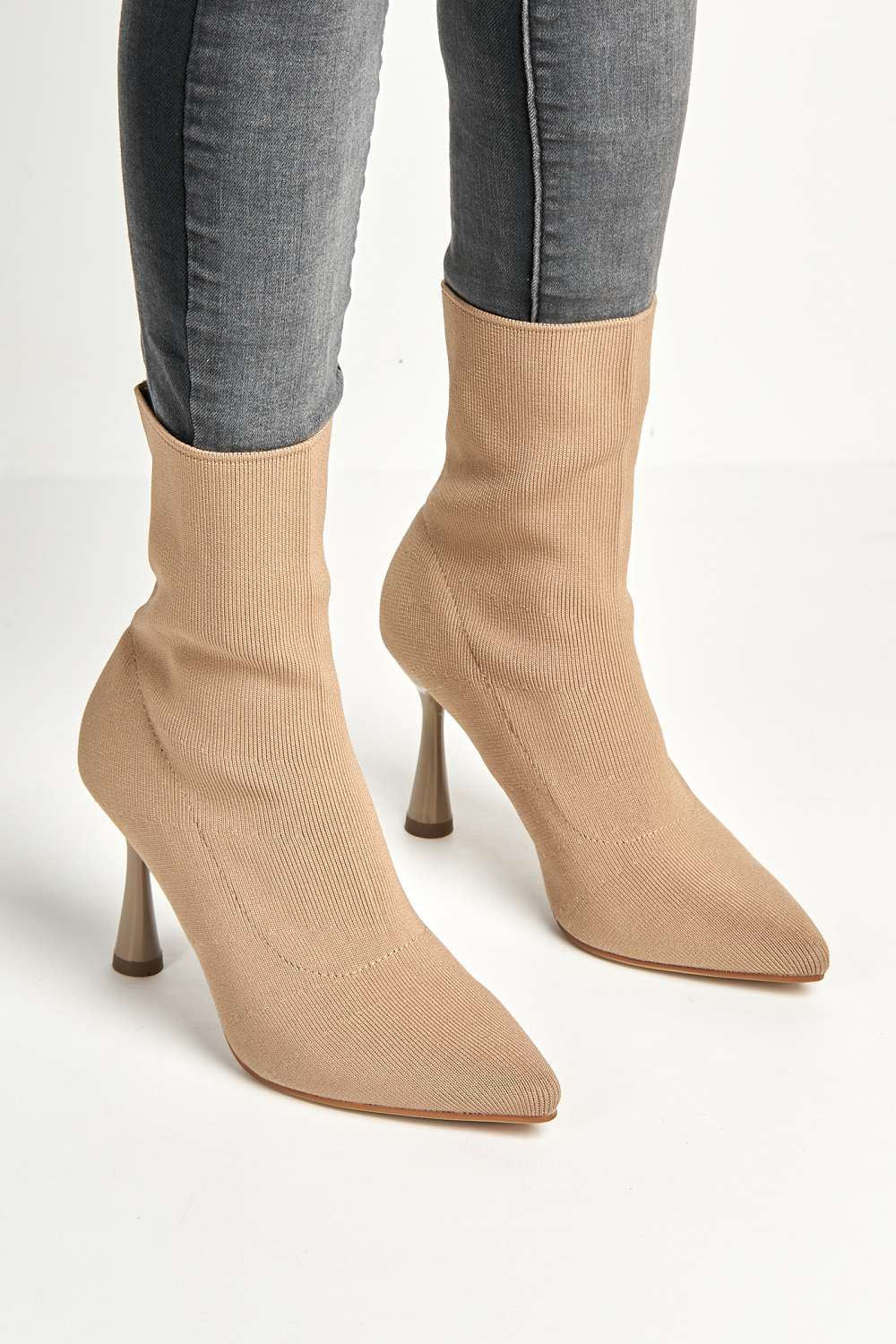 Runa Pointed Toe Heeled Sock Boots in Taupe - Image 3
