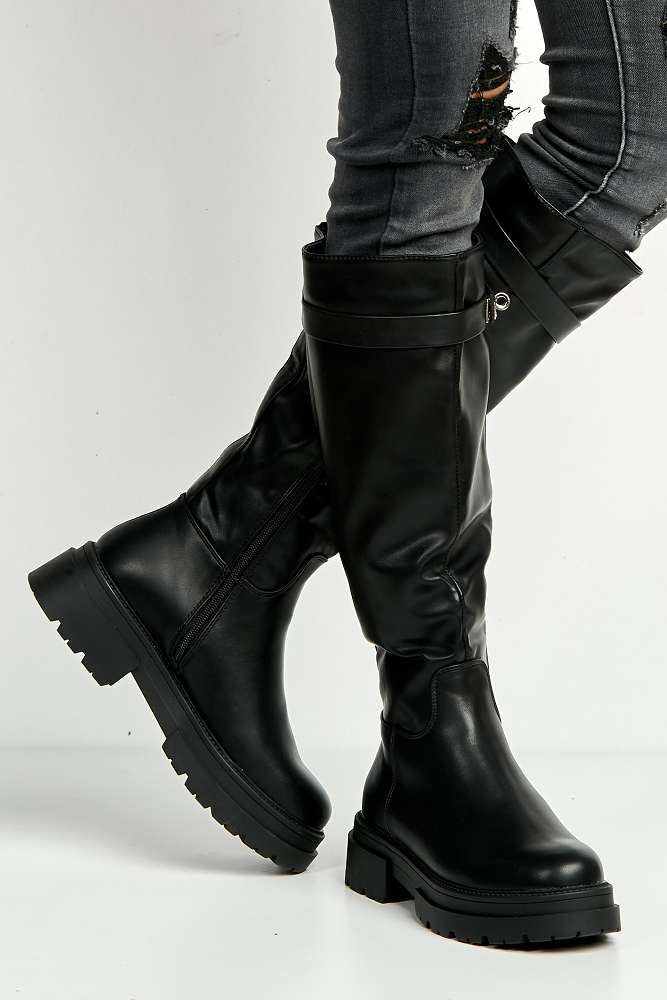 Saige Cleated Chunky Sole Gold Trim Buckle Calfboots in Black