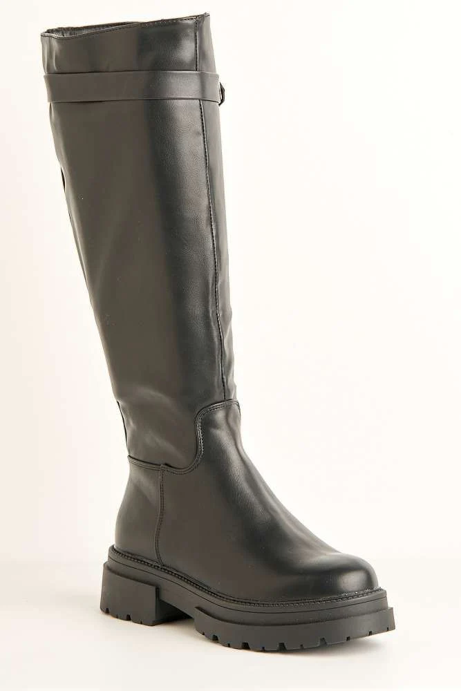 Saige Cleated Chunky Sole Gold Trim Buckle Calfboots in Black - Image 4