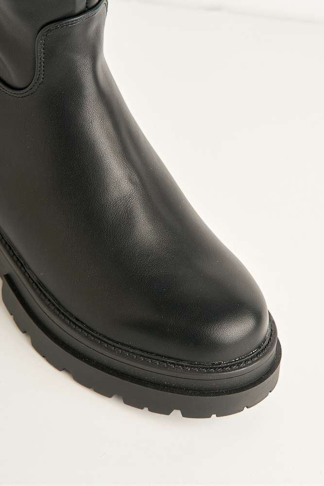 Saige Cleated Chunky Sole Gold Trim Buckle Calfboots in Black - Image 5