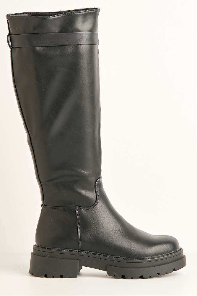 Saige Cleated Chunky Sole Gold Trim Buckle Calfboots in Black - Image 6