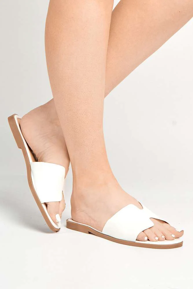 Sally Faux Leather Flat Slider in White - Image 2