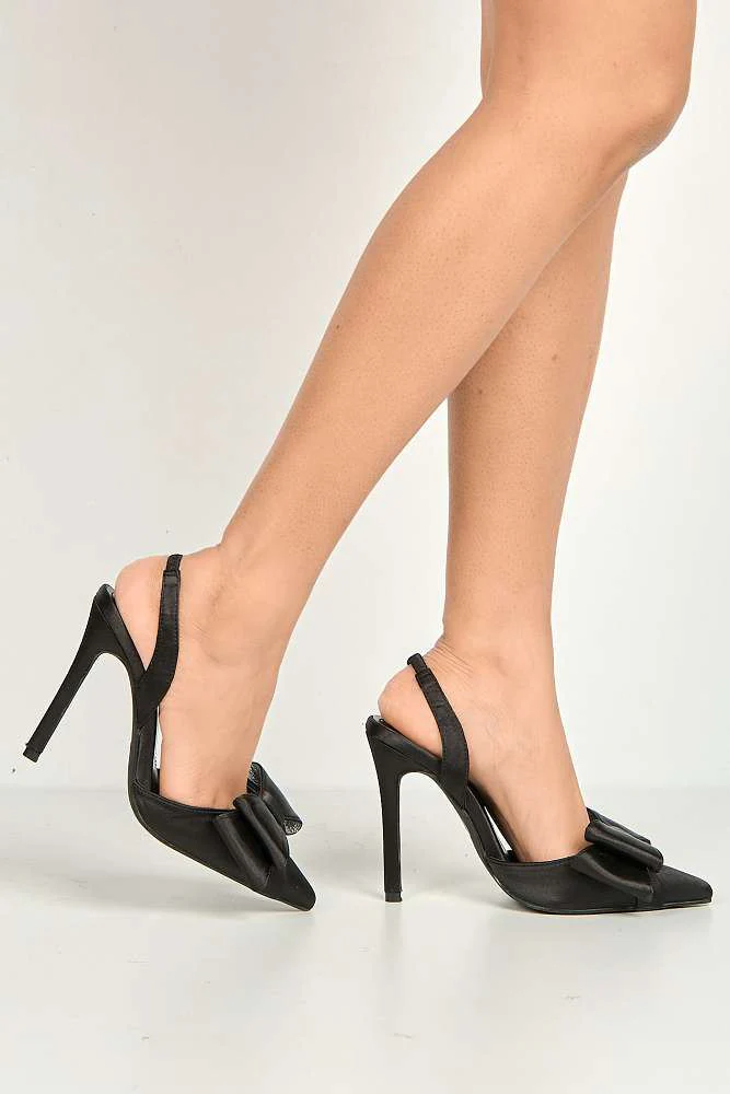 Salwa Pointy Toe Bow Slingback Court Shoes in Black Satin - Image 3