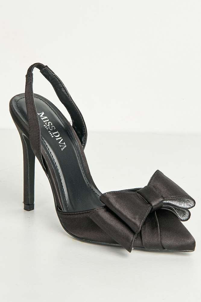 Salwa Pointy Toe Bow Slingback Court Shoes in Black Satin - Image 4
