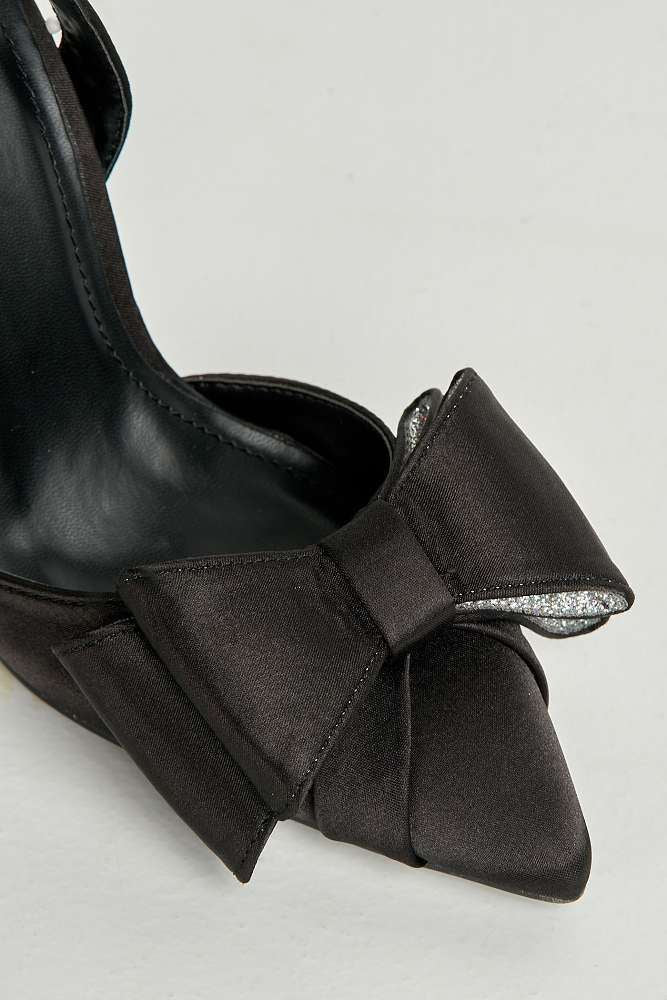 Salwa Pointy Toe Bow Slingback Court Shoes in Black Satin - Image 5