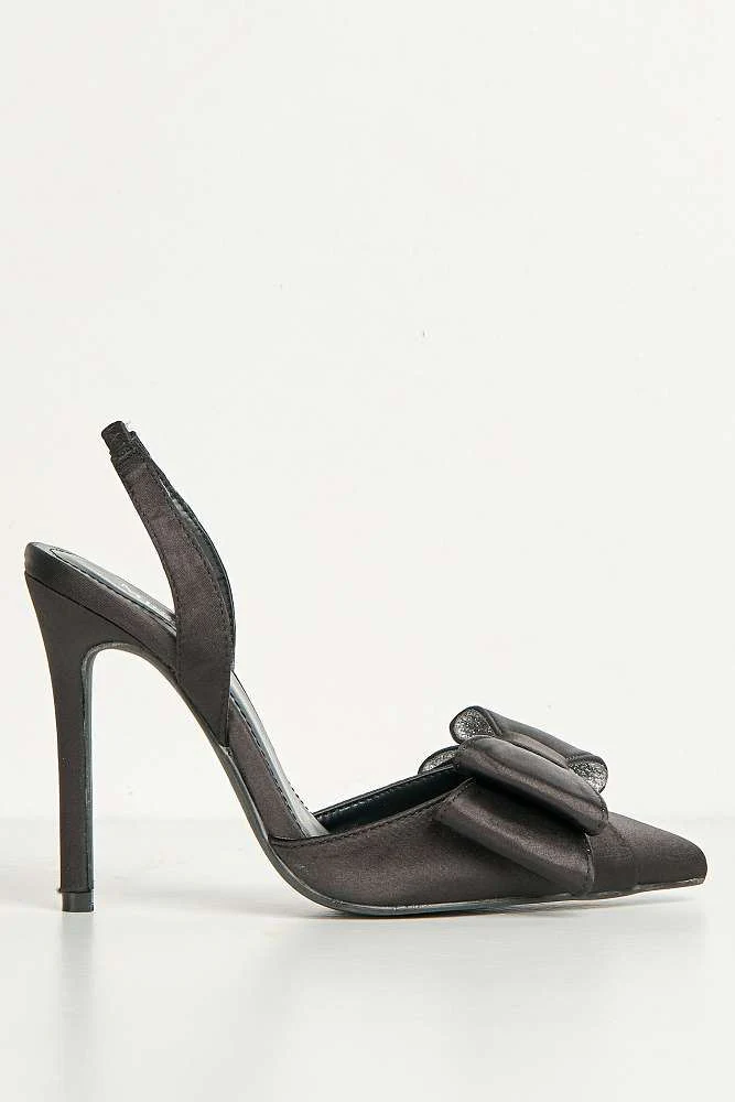 Salwa Pointy Toe Bow Slingback Court Shoes in Black Satin - Image 6