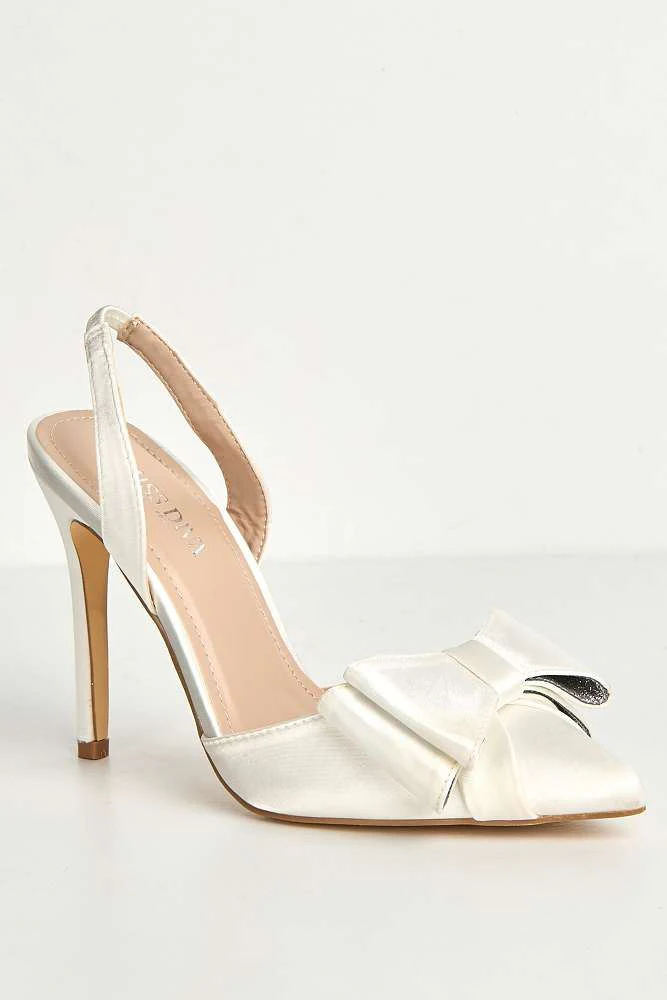 Salwa Pointy Toe Bow Slingback Court Shoes in White Satin - Image 4