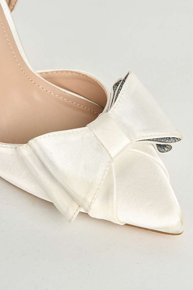 Salwa Pointy Toe Bow Slingback Court Shoes in White Satin - Image 5