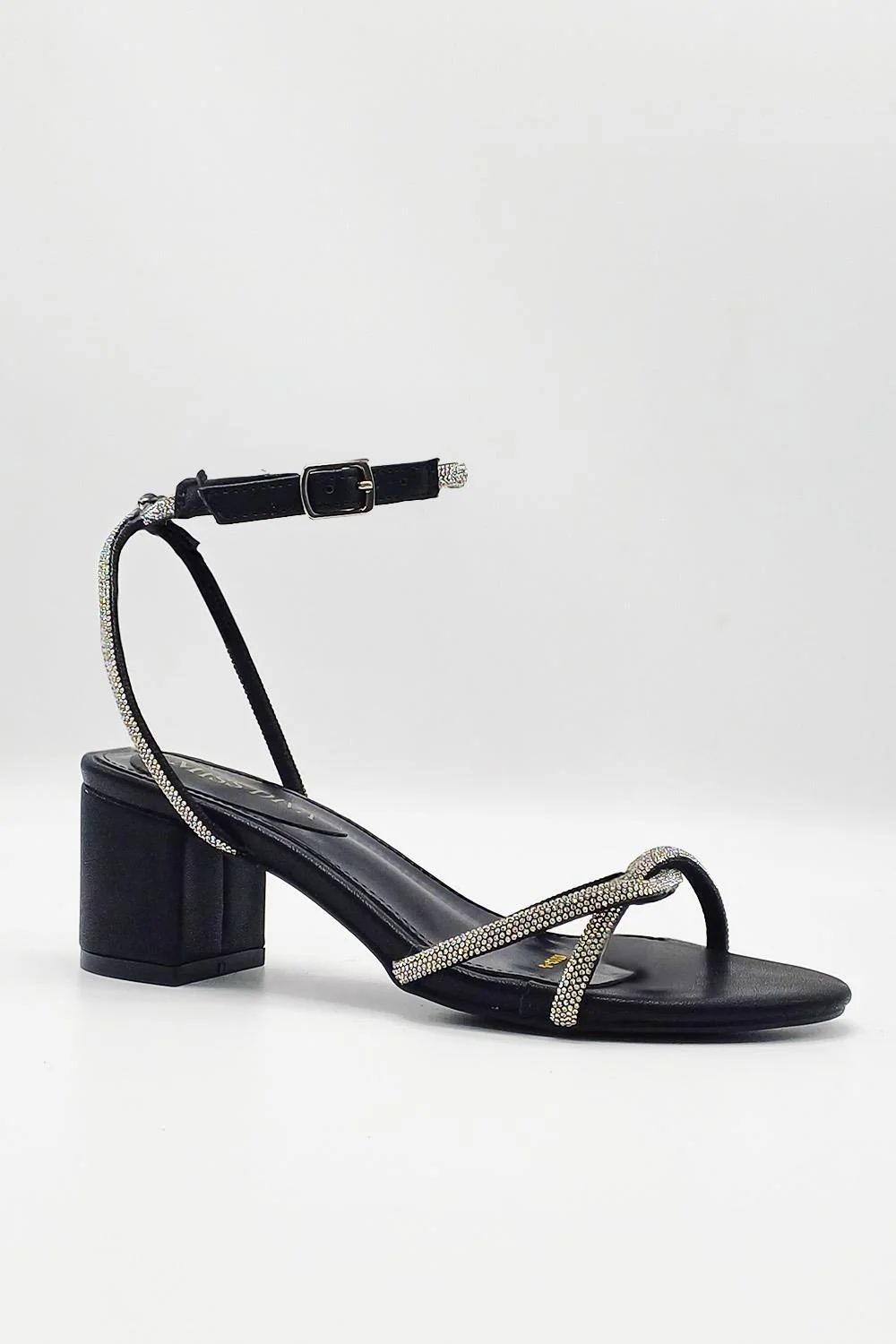 Sancia Diamante Knotted 2 Band Anklestrap Block Heels in Black - Image 2