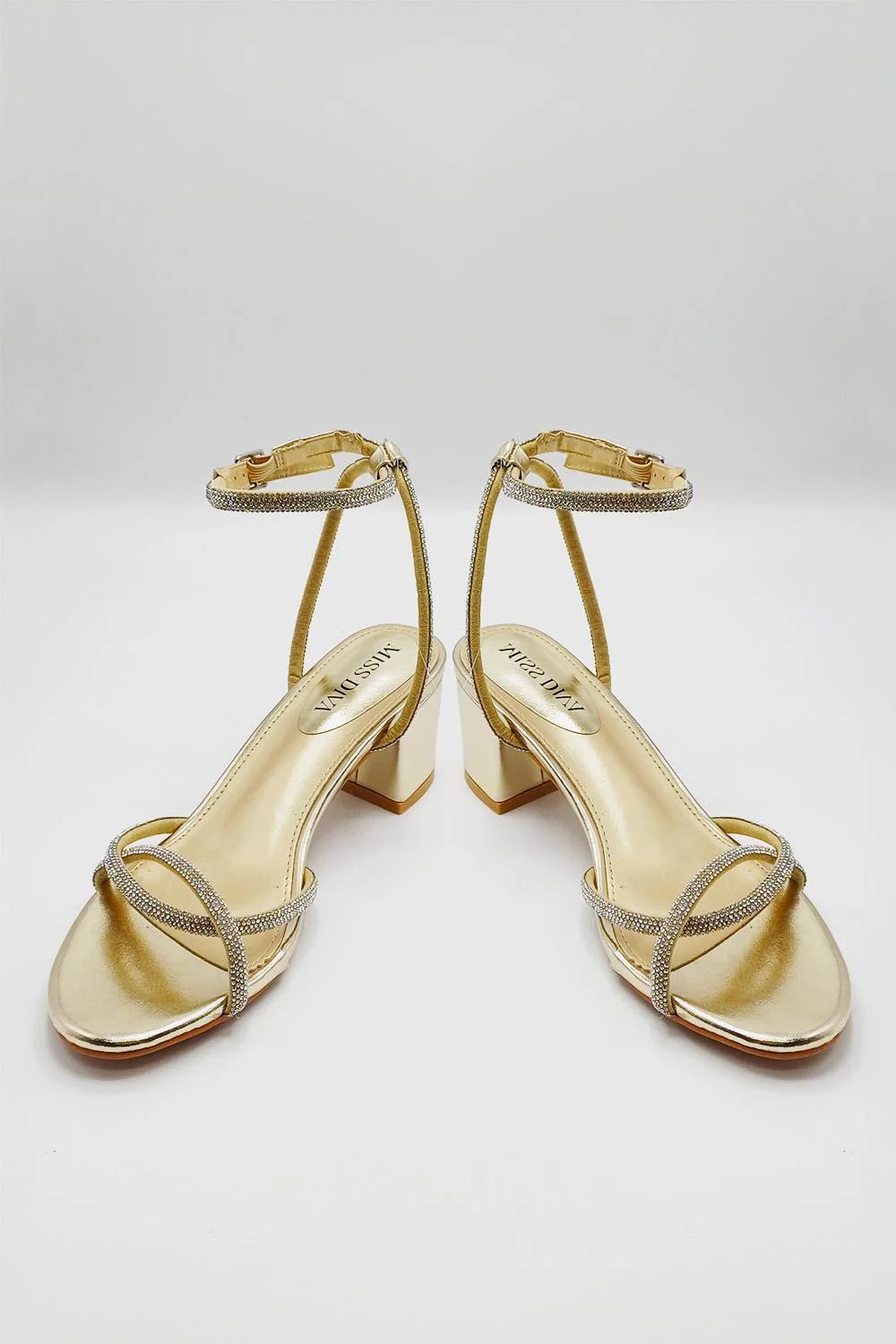 Sancia Diamante Knotted 2 Band Anklestrap Block Heels in Gold
