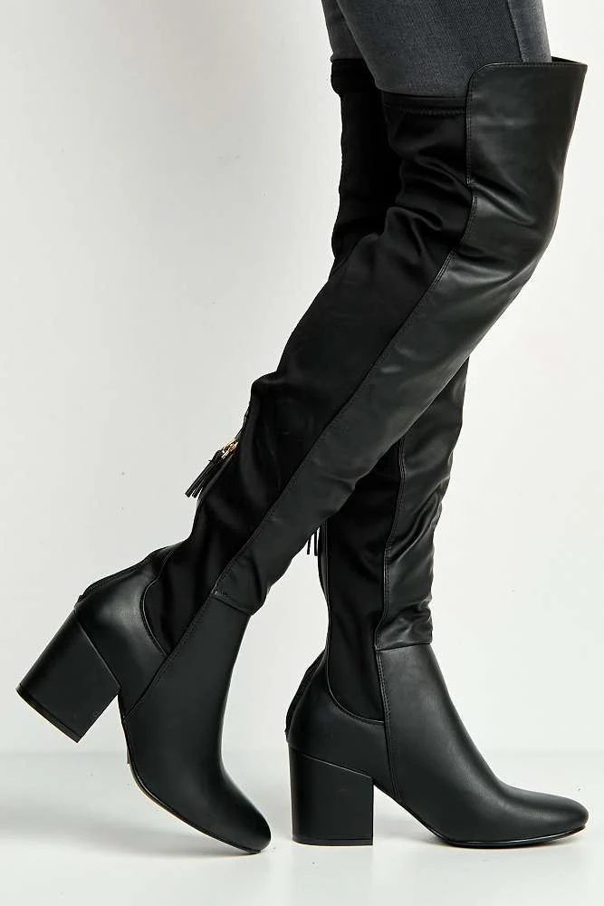 Sandra Elastic & Zip Back Detail Thigh High Boots in Black - Image 3