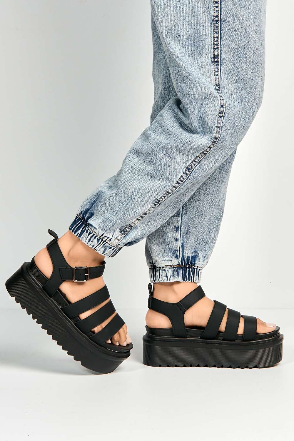 Sannie Flatform Ankle Strap Sandals in Black Matt