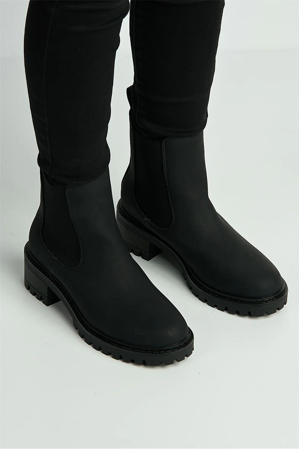 Saoirse Cleated Sole Stretch Panel Ankle Boots in Black - Image 2