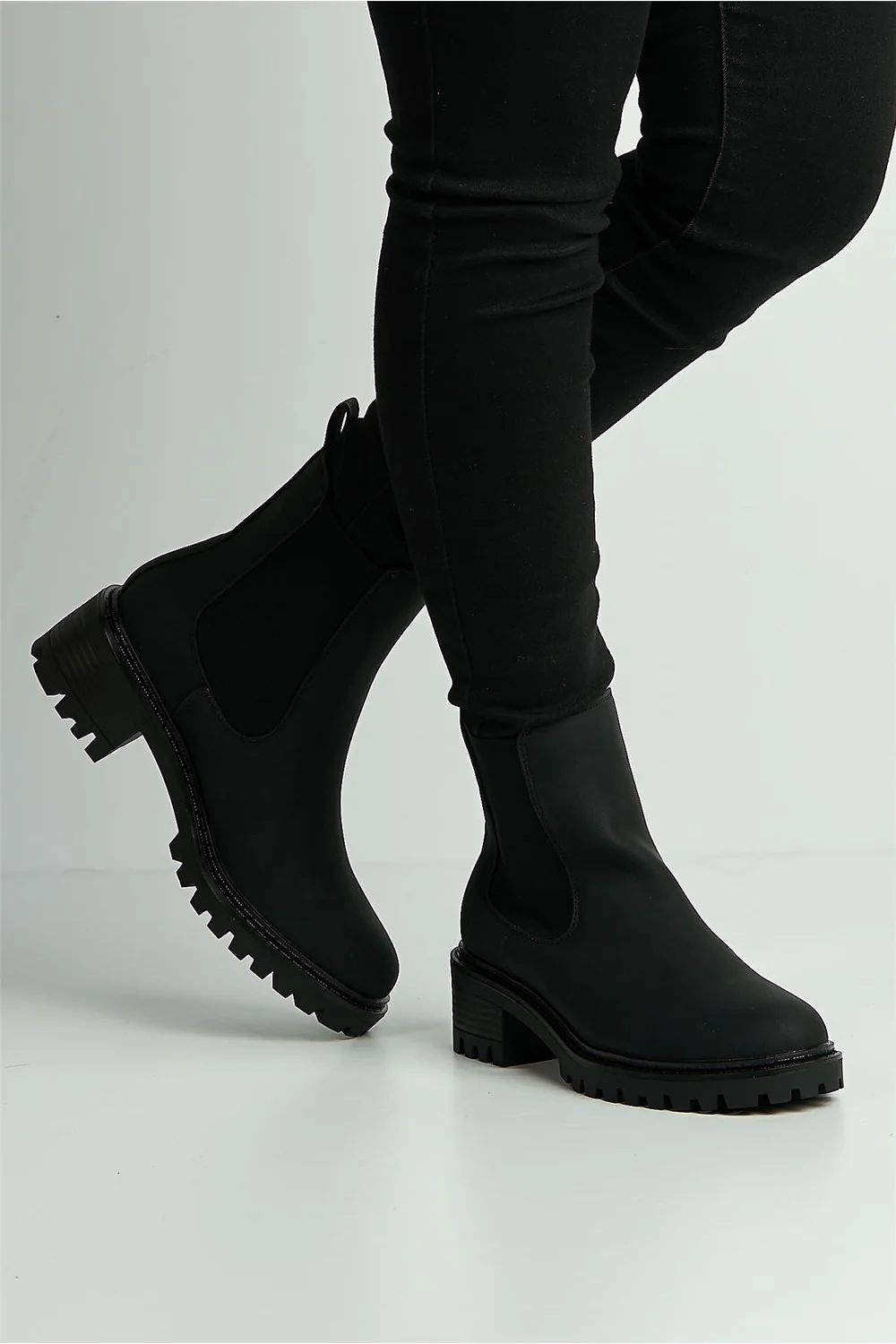 Saoirse Cleated Sole Stretch Panel Ankle Boots in Black - Image 3