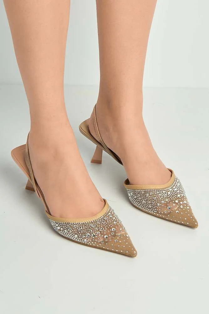 Sarelia Gemstone Embellished Mesh Slingback Court Shoes in Nude