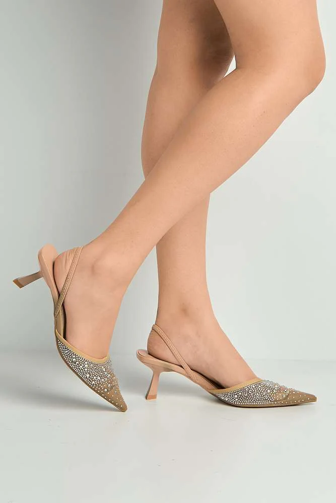 Sarelia Gemstone Embellished Mesh Slingback Court Shoes in Nude - Image 3