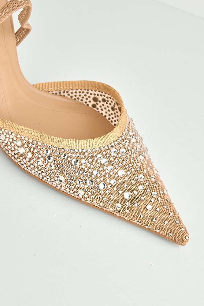 Sarelia Gemstone Embellished Mesh Slingback Court Shoes in Nude - Image 5