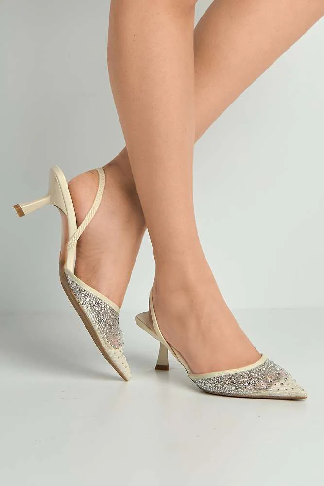 Sarelia Gemstone Embellished Mesh Slingback Court Shoes in White