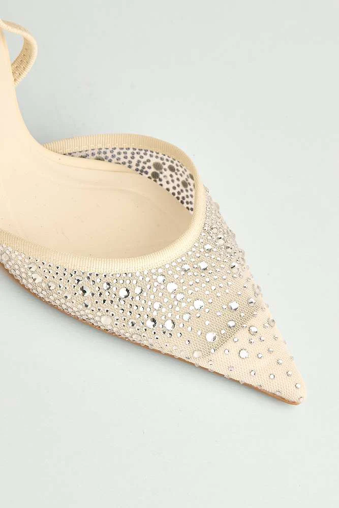 Sarelia Gemstone Embellished Mesh Slingback Court Shoes in White - Image 5