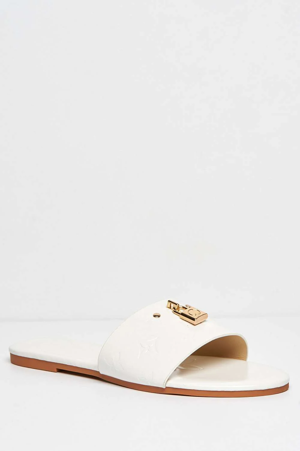 Sayana Metallic Padlock Detail Textured Band Flat Sliders in White - Image 4