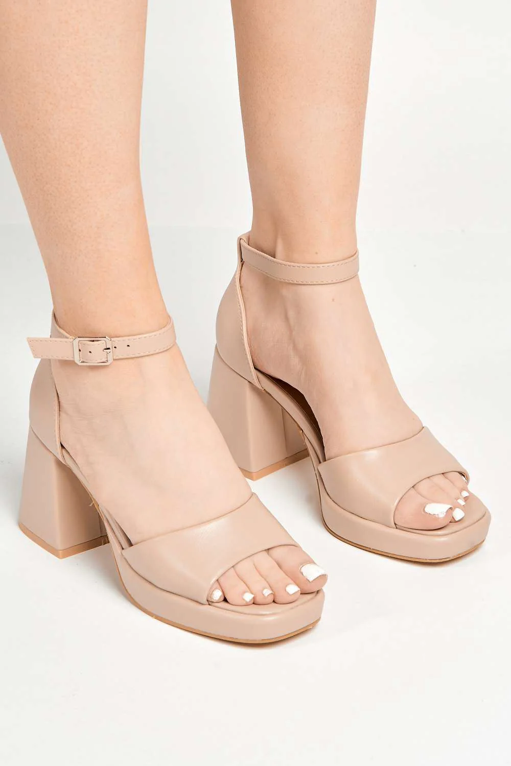 Sayla Block Heel Ankle Strap Open Toe Heeled Sandals in Nude Matt - Image 2
