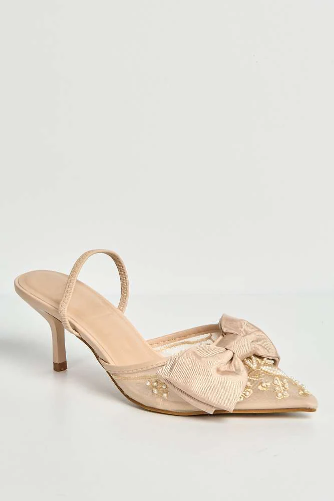 Seren Embellished Mesh and Bow Slingback Court Shoes in Beige - Image 4