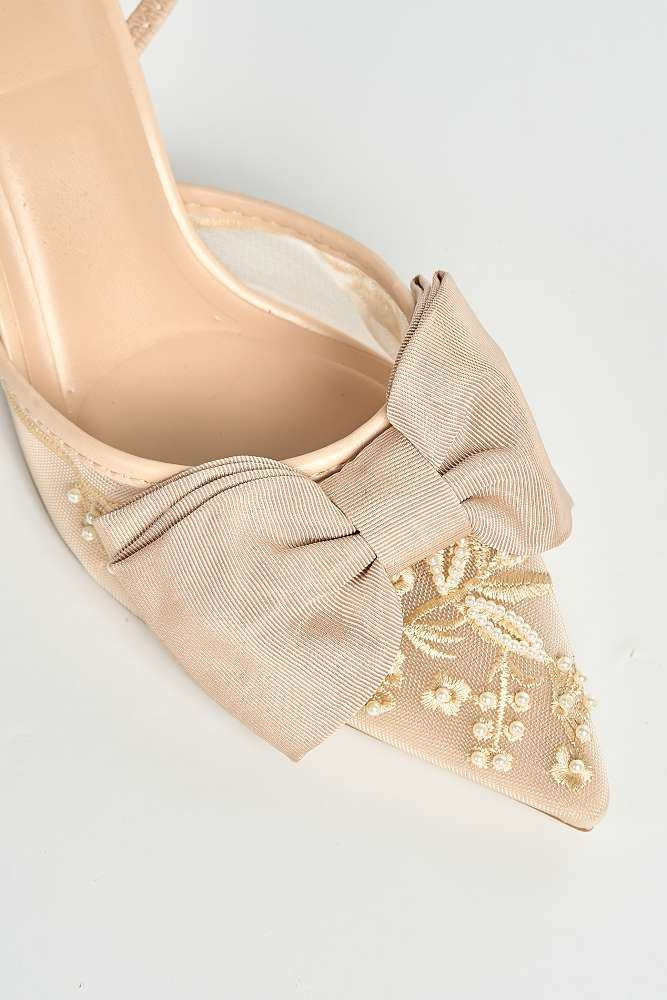 Seren Embellished Mesh and Bow Slingback Court Shoes in Beige - Image 5