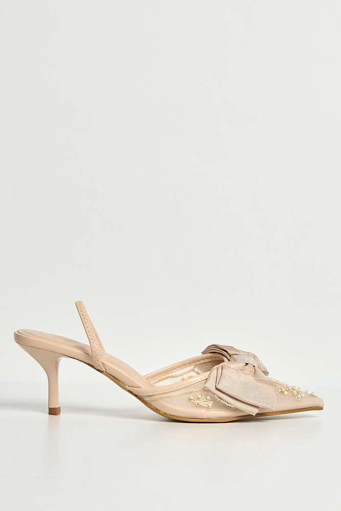 Seren Embellished Mesh and Bow Slingback Court Shoes in Beige - Image 6
