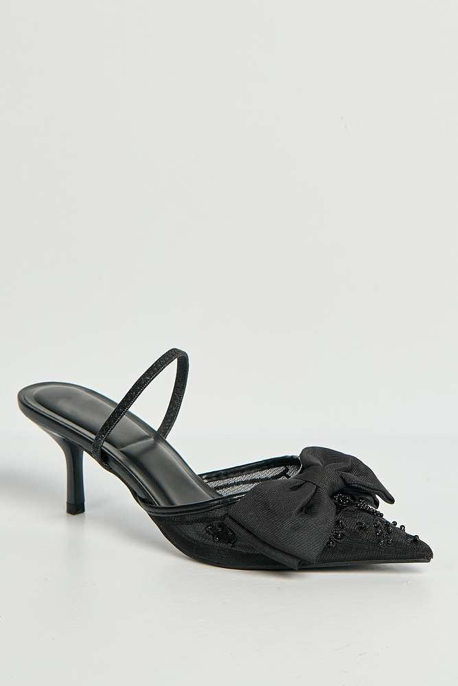 Seren Embellished Mesh and Bow Slingback Court Shoes in Black - Image 4