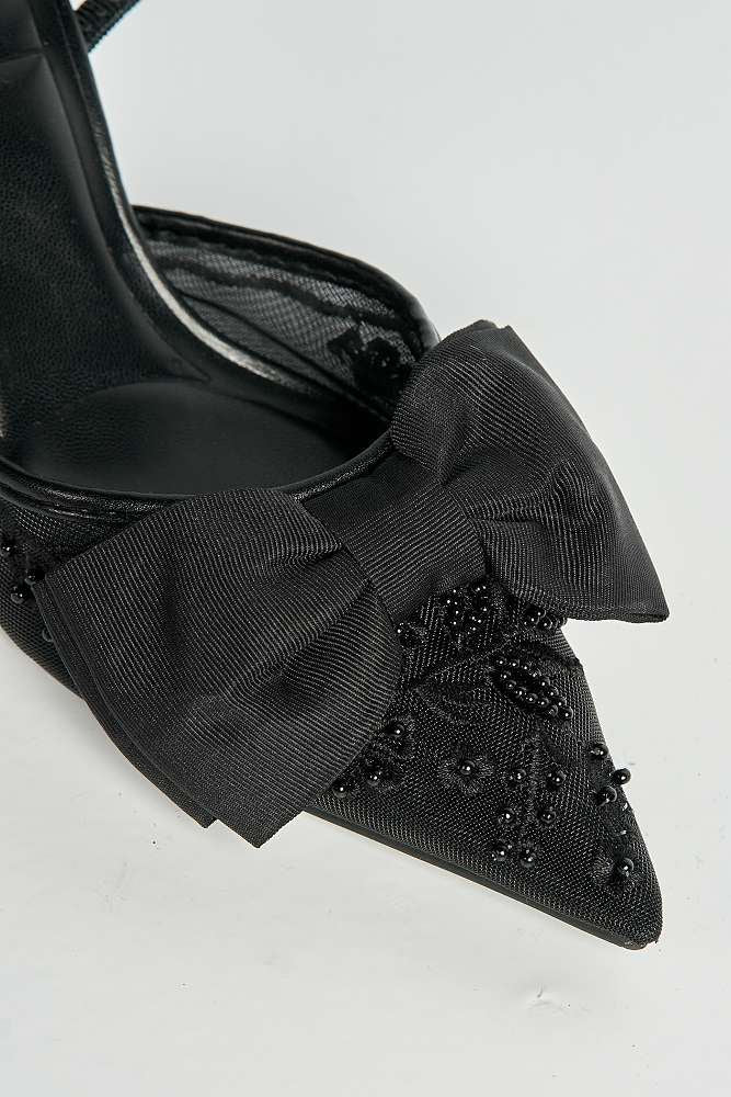 Seren Embellished Mesh and Bow Slingback Court Shoes in Black - Image 5