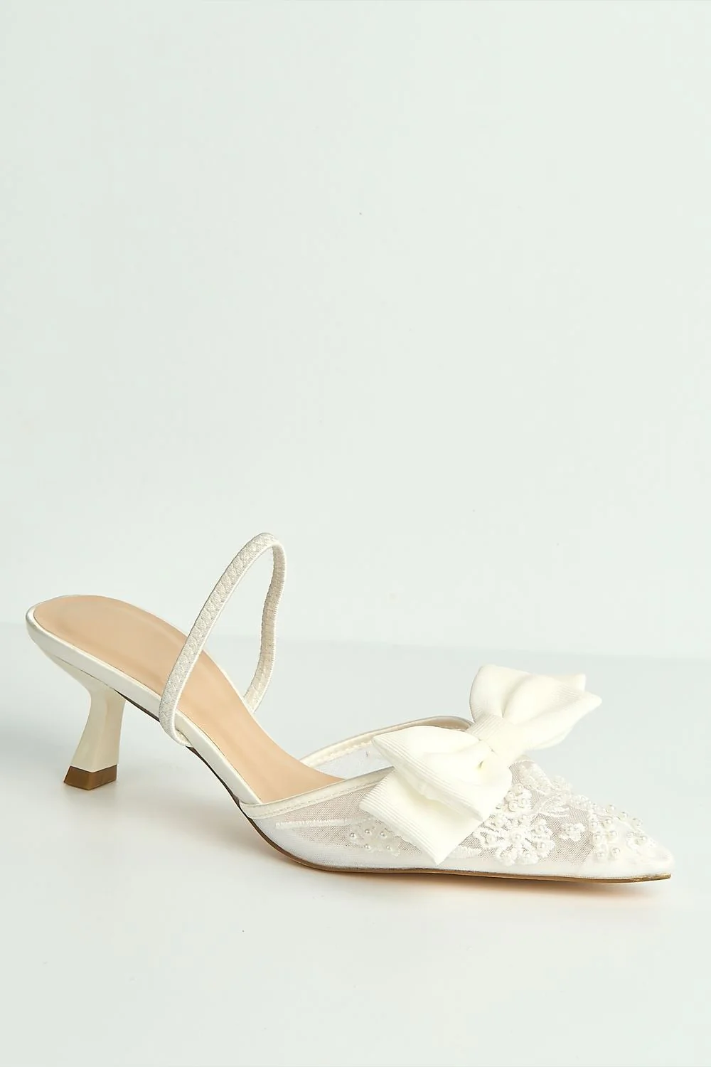 Seren Embellished Mesh and Bow Slingback Court Shoes in Ivory - Image 4