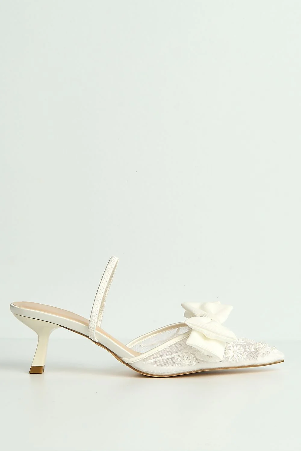 Seren Embellished Mesh and Bow Slingback Court Shoes in Ivory - Image 5